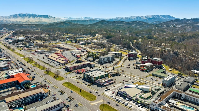 drone / aerial view featuring a mountain view