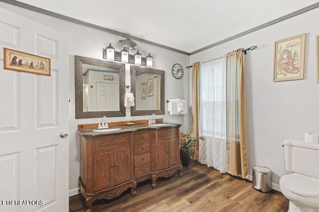 bathroom featuring toilet, double vanity, a sink, and wood finished floors