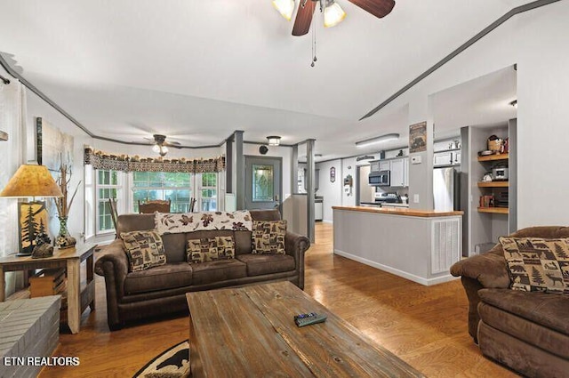 living area featuring ceiling fan and wood finished floors