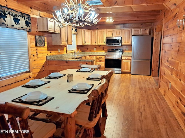 kitchen with stainless steel appliances, light wood-style flooring, a sink, wooden walls, and wooden ceiling