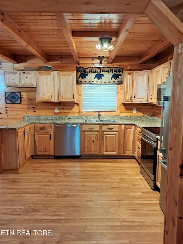 kitchen with stainless steel appliances, light wood-type flooring, wood ceiling, and a sink