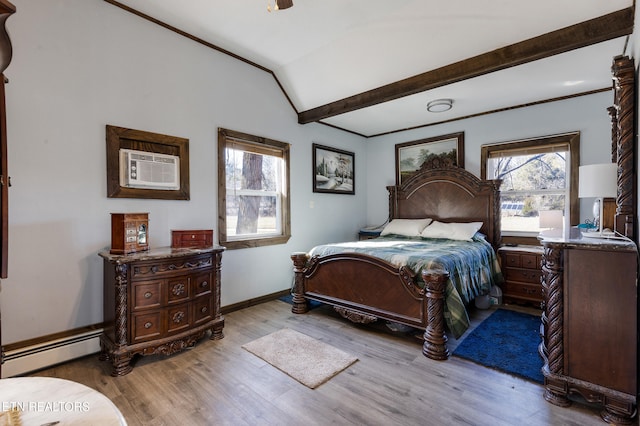 bedroom featuring a wall unit AC, lofted ceiling with beams, a baseboard heating unit, wood finished floors, and baseboards