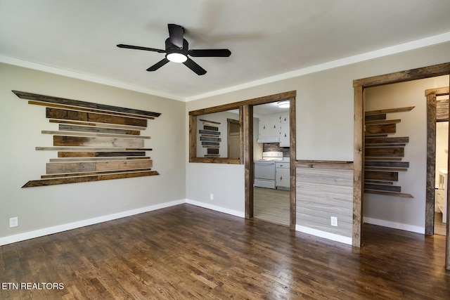 unfurnished living room with crown molding, wood finished floors, baseboards, and ceiling fan