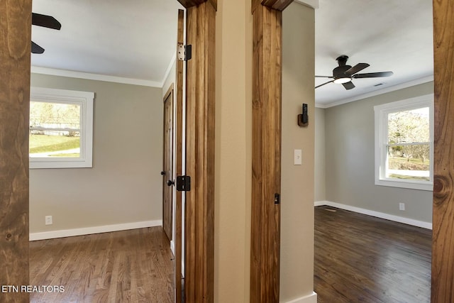 corridor featuring baseboards, wood finished floors, and ornamental molding