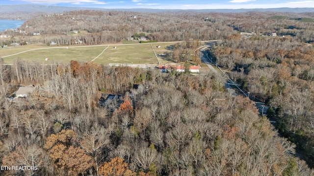 birds eye view of property featuring a water view and a forest view