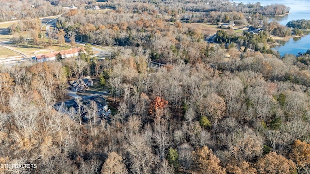 aerial view with a water view and a wooded view