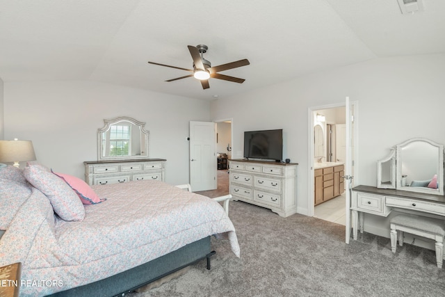 bedroom with lofted ceiling, light carpet, visible vents, and a ceiling fan