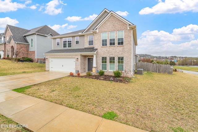 view of front of house with brick siding, central AC unit, fence, driveway, and a front lawn