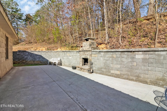 view of patio / terrace with an outdoor stone fireplace