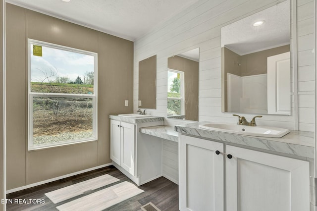 full bath featuring a sink, a healthy amount of sunlight, and wood finished floors