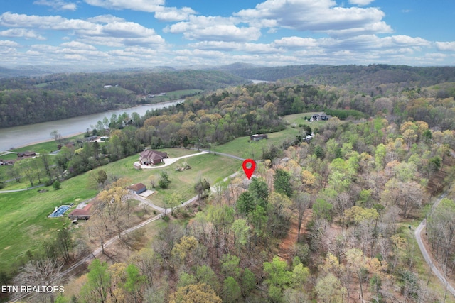 bird's eye view featuring a water view and a wooded view