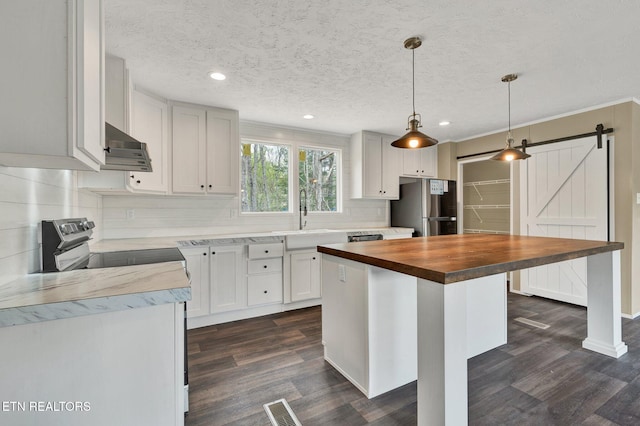 kitchen with butcher block countertops, appliances with stainless steel finishes, a barn door, under cabinet range hood, and a sink