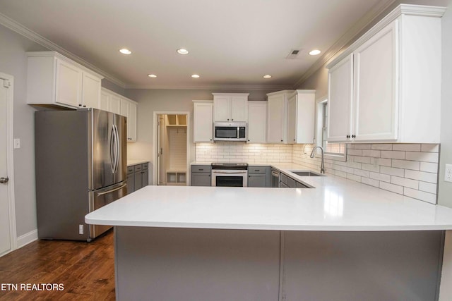 kitchen featuring a peninsula, dark wood-type flooring, a sink, ornamental molding, and appliances with stainless steel finishes