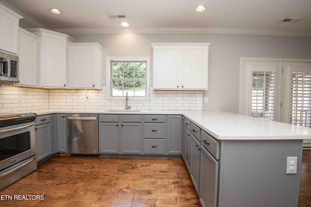 kitchen featuring light wood finished floors, stainless steel appliances, gray cabinetry, a sink, and a peninsula