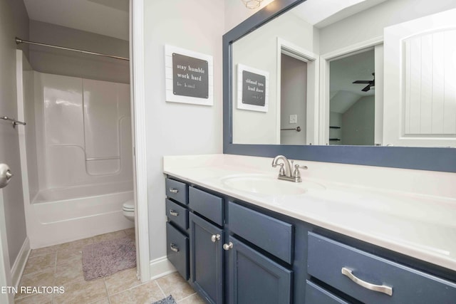 full bath featuring baseboards, toilet, tile patterned floors,  shower combination, and vanity