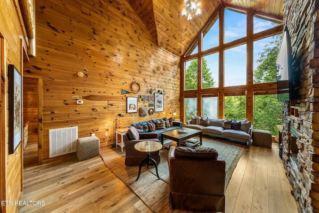 living area featuring high vaulted ceiling, wood-type flooring, visible vents, and wooden walls