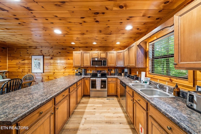 kitchen with wood ceiling, stainless steel appliances, light wood-type flooring, a sink, and recessed lighting