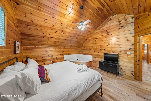 bedroom with light wood finished floors, a ceiling fan, vaulted ceiling, wood walls, and wooden ceiling