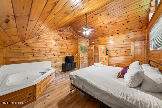 bedroom featuring light wood-style floors, wooden ceiling, vaulted ceiling, and wooden walls