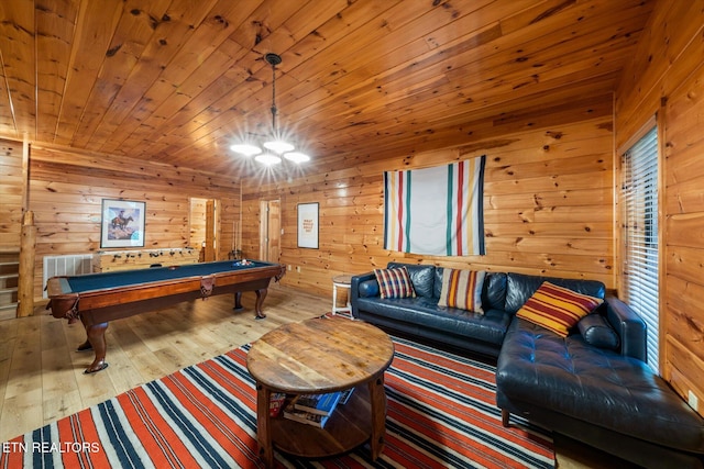 game room featuring wood ceiling, wood-type flooring, billiards, and wood walls