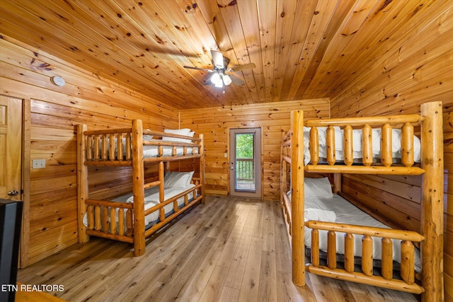 bedroom with wood-type flooring, wooden ceiling, and a sauna