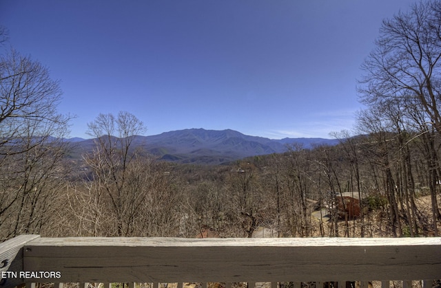 view of mountain feature with a forest view