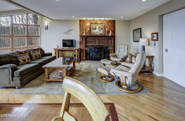 living room with baseboards, hardwood / wood-style flooring, a premium fireplace, rail lighting, and recessed lighting