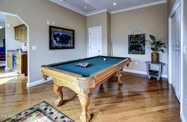 rec room with attic access, billiards, baseboards, crown molding, and light wood-type flooring