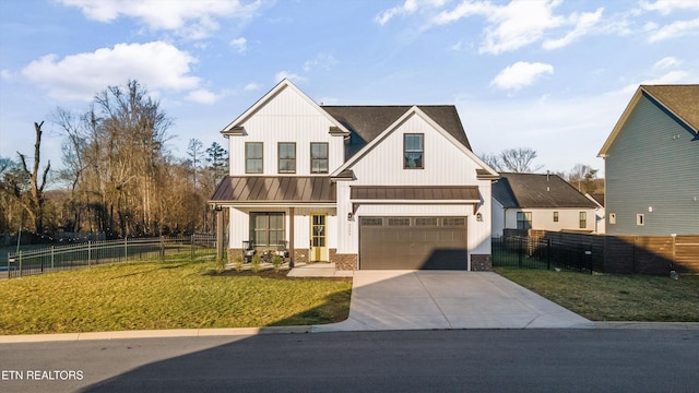 modern farmhouse with fence, driveway, a standing seam roof, a front lawn, and a garage