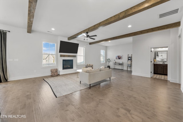 living area with a glass covered fireplace, wood finished floors, visible vents, and a wealth of natural light