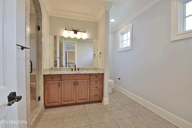 full bath featuring toilet, a shower stall, crown molding, baseboards, and vanity