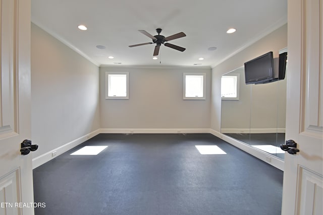 interior space with recessed lighting, baseboards, ceiling fan, and crown molding