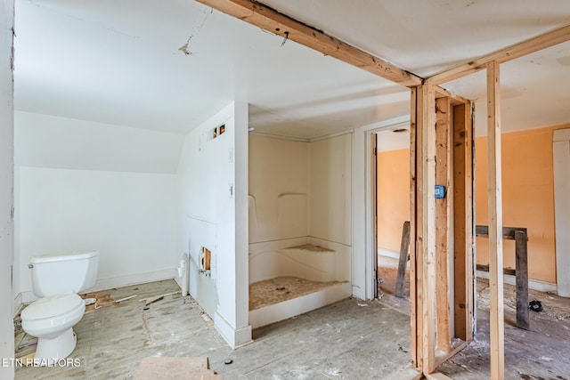 bathroom featuring lofted ceiling and toilet