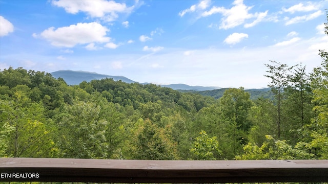 mountain view featuring a wooded view
