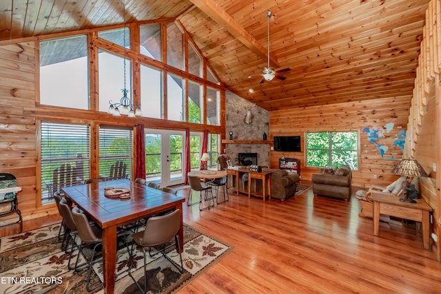dining area with a stone fireplace, wood walls, wooden ceiling, and wood finished floors