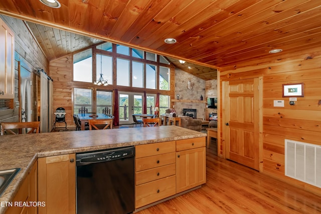 kitchen with black dishwasher, visible vents, wood ceiling, open floor plan, and a stone fireplace