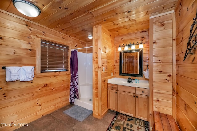 full bath with wood ceiling, wood walls, a shower stall, and vanity
