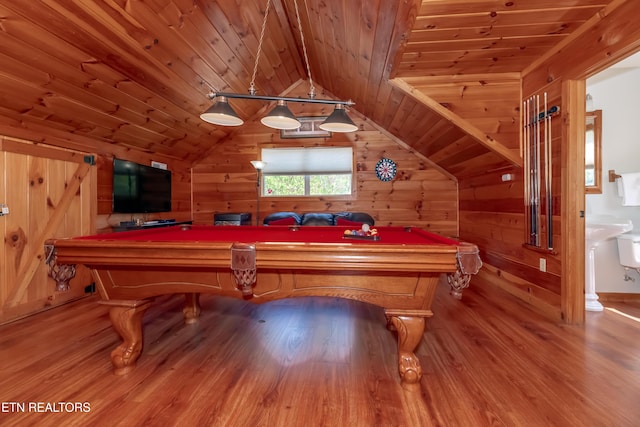game room featuring wood walls, wood ceiling, and pool table