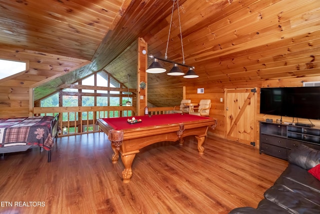 recreation room featuring billiards, wooden walls, wood ceiling, wood finished floors, and beam ceiling