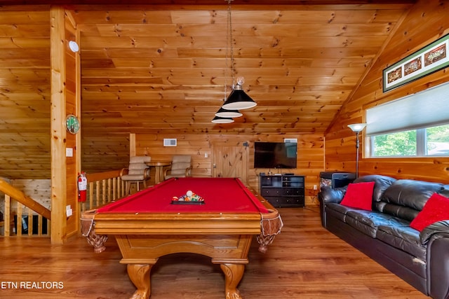 game room featuring wooden ceiling, wood walls, vaulted ceiling, and wood finished floors