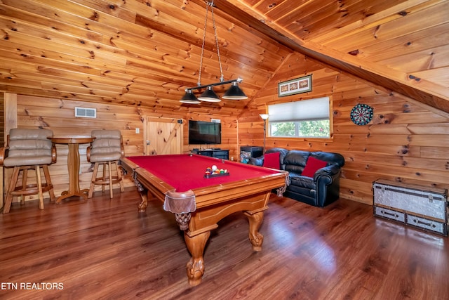recreation room featuring billiards, visible vents, wood ceiling, wood finished floors, and vaulted ceiling