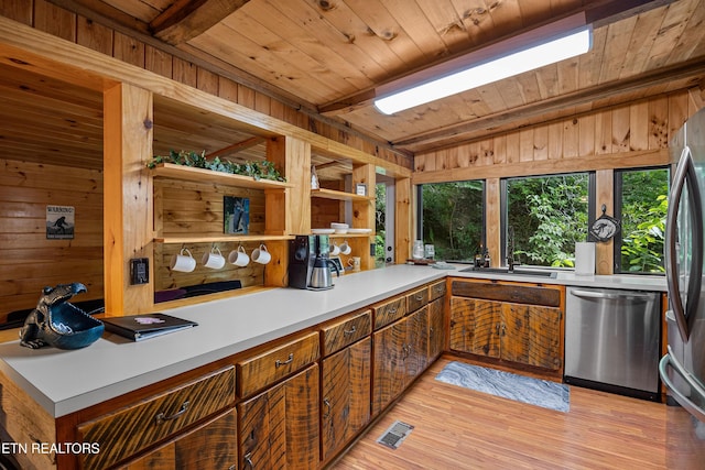 kitchen featuring wooden ceiling, light wood-style flooring, wooden walls, stainless steel appliances, and a sink