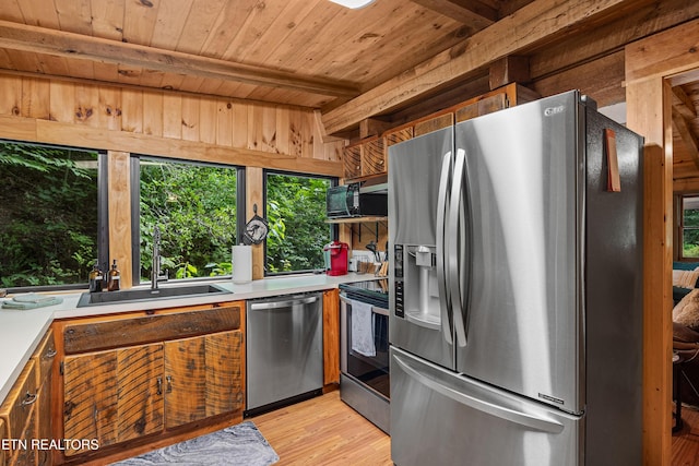 kitchen featuring light wood finished floors, light countertops, appliances with stainless steel finishes, and wood ceiling