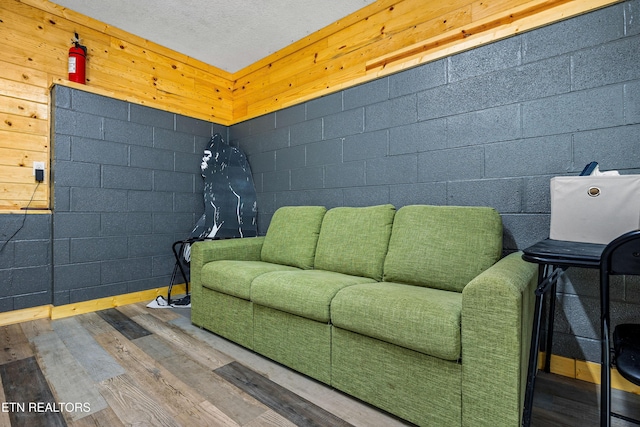 living area featuring wood finished floors and concrete block wall