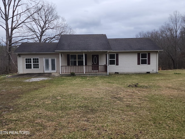 ranch-style house with a front yard, french doors, roof with shingles, and crawl space