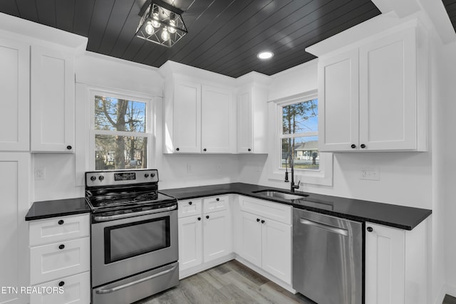 kitchen featuring a sink, wood ceiling, white cabinets, appliances with stainless steel finishes, and dark countertops