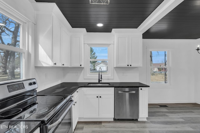 kitchen featuring stainless steel appliances, dark countertops, white cabinetry, and a sink