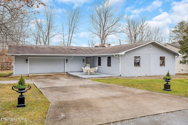 single story home with a garage, a front yard, concrete driveway, and a shingled roof