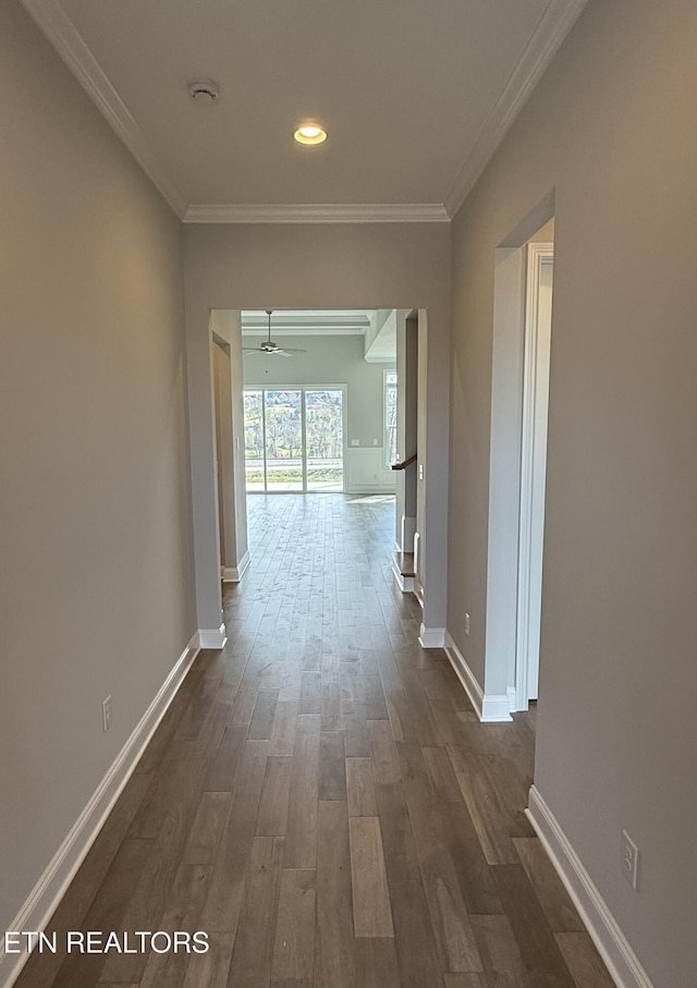 corridor with crown molding, baseboards, and dark wood-type flooring