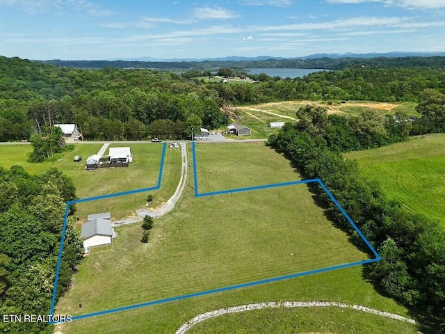 aerial view of property and surrounding area with property boundaries highlighted, a heavily wooded area, and a water and mountain view